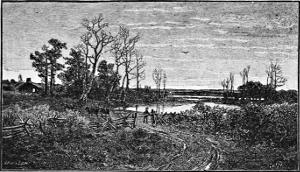 A countryside scene: fields, trees, river