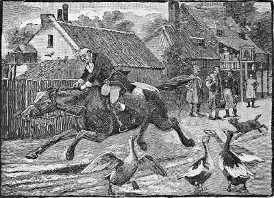 Gilpin tearing away from the pub on a horse, scattering geese and a dog in his wake