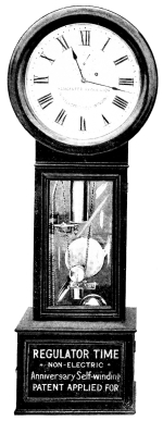 BANGERTER’S NON-ELECTRIC REGULATOR TIME CLOCK—ANNIVERSARY SELF-WINDING.  Patent Applied for, 1911.