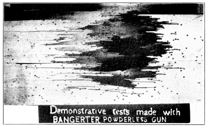 BANGERTER’S POWDERLESS GUN.  View of Targets Which Thousands of Bullets Have Pierced.  Thickness of the Targets, 2½ inch. Time, 20 seconds.