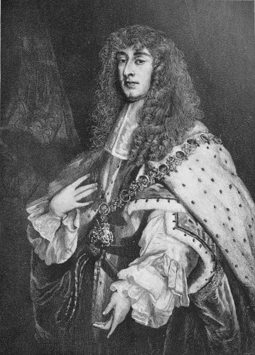 Image unavailable: JAMES II. IN HIS CORONATION ROBES.  ENGRAVED BY T. JOHNSON, AFTER THE PAINTING BY SIR PETER LELY, IN POSSESSION OF THE DUKE OF NORTHUMBERLAND.