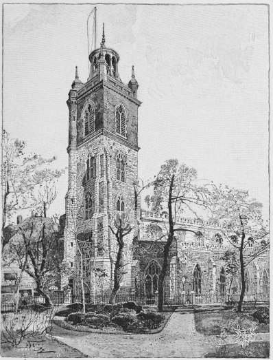 Image unavailable: CHURCH OF ST. GILES, CRIPPLEGATE,  WHERE DEFOE IS SUPPOSED TO HAVE BEEN BAPTIZED.  DRAWN BY HARRY FENN. ENGRAVED BY H. E. SYLVESTER.