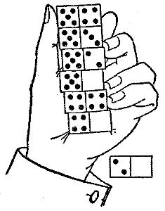 Six dominoes held in hand, one on table
