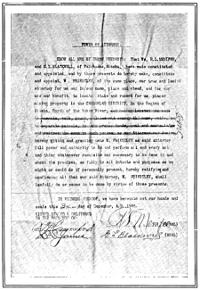 KNOW ALL MEN BY THESE PRESENTS: That We, R.L. MENIFEE, and G.L. BLACKWELL, of Fairbanks, Alaska, have made constituted and appointed, any by these presents do hereby make, contribute and appoint, F. Priestley, of the same place, our true and lawful attorney for us and in our name, place and stead, and for our use and benefit, to locate stake and record for us, places mining property in the CHANDELAR DISTRICT, in the Region of Alaska, North of the Yukon River: [three lines erased here]  hereby giving and granting onto W. PRIESTLEY as said attorney full power and authority to do and perform all and every act and thing whatsoever requisite and necessary to be done in and about the premises, as fully to all intents and purposes as we might or could do if personally present, hereby ratifying and confirming all that our said Attorney, W. PRIESTLEY, shall lawfully do or cause to be done by virtue of these presents.  In WITNESS WHEREOF, we have hereupon set our hands and seals this 3rd day of December, A.D. 1905.  SIGNED, SEALED & DELIVERED IN THE PRESENCE OF: [signatures]