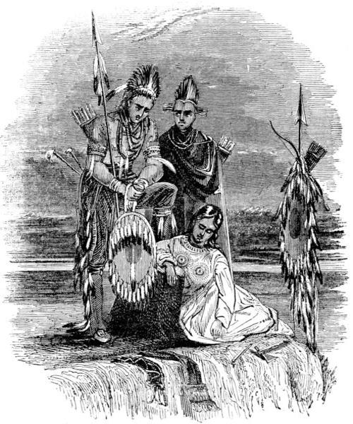 According to the text, this sketch represents two warriors, and a woman of the Sacs and Foxes, mourning over the tomb of Black Hawk, the celebrated leader of the war known as the Black Hawk War.