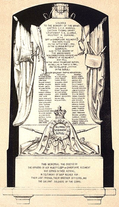 (Monument erected at Shrewsbury to the memory of the officers and soldiers of the Regiment who were killed at the Battles of Aliwal and Sobraon, on the 28th January and 10th February, 1846.)