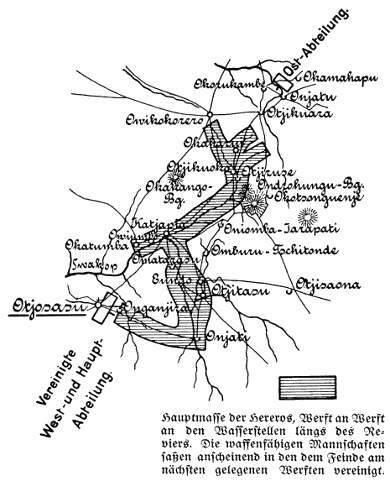 Hauptmasse der Hereros, Werft an Werft an den Wasserstellen längs des Reviers. Die waffenfähigen Mannschaften saßen anscheinend in den dem Feinde am nächsten gelegenen Werften vereinigt.