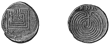 Two coins showing a labyrinth.