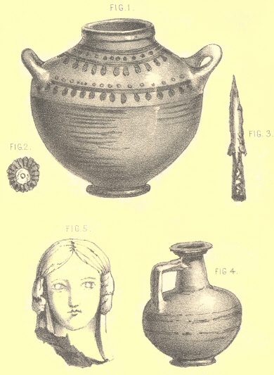 Plate 14: Upchurch Pottery, Adz, Spear Head, and Romano-Salopian (Red) Ware