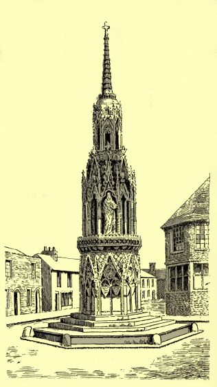 The Eleanor Cross, showing detail of carving.  From “Picturesque Hertfordshire.”  Drawn by Duncan Moul