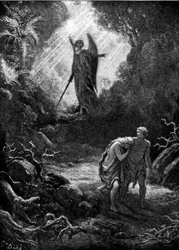 THE EXPULSION OF ADAM AND EVE FROM THE GARDEN OF EDEN. (Dore.)