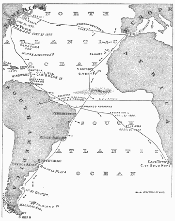 Chart of the Spray's Atlantic voyages from Boston to Gibraltar, thence to the Strait of Magellan, in 1895, and finally homeward bound from the Cape of Good Hope in 1898.