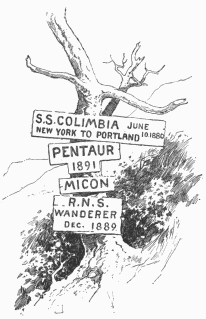 Records of passages through the strait at the head of Borgia Bay. Note.—On a small bush nearer the water there was a board bearing several other inscriptions, to which were added the words "Sloop Spray, March, 1896"