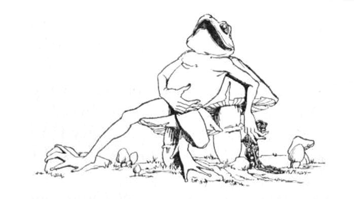 Frog sitting on a small toadstool and leaning against a large one and holding his belly