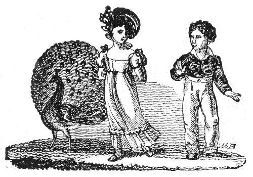 A peacock, a girl in finery, and a boy