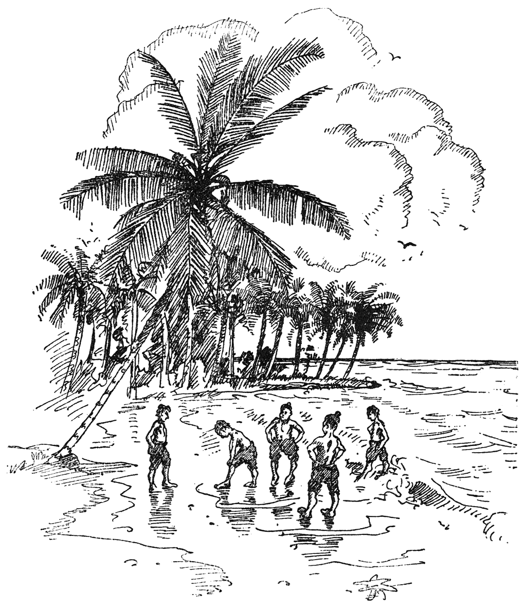 Vijf jongens op tropisch strand.