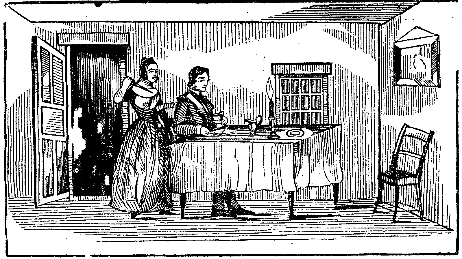 Ann stands behind a guest, seated at a table, with a knife in her raised hand.