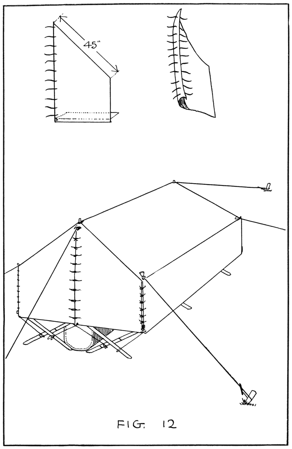 End pieces of tent of home-made camping outfit, and the way the design appears when closed. Note the various cross cords and tapes which permit of close tying in case of storms. Normally the side flap is tied back, with the inner mosquito netting flap acting as side wall, since the latter permits of better ventilation.