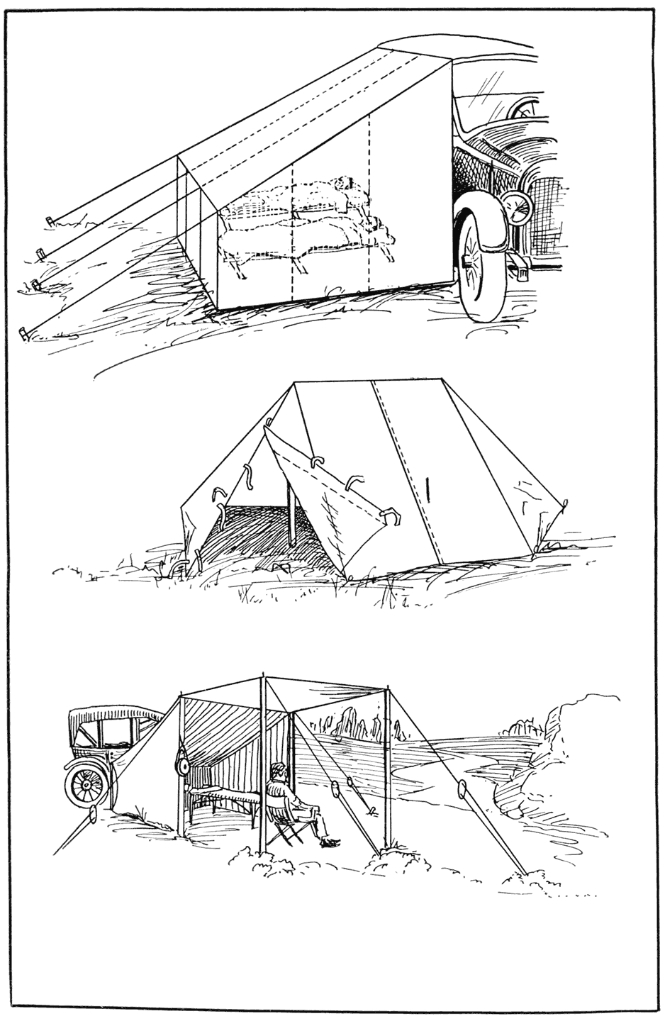 Above the Moto-Tent of the type attaching to the side of the car. In the middle, the simple Scouts Featherweight Tent. At the bottom a light serviceable Outdoor Week-End Tent