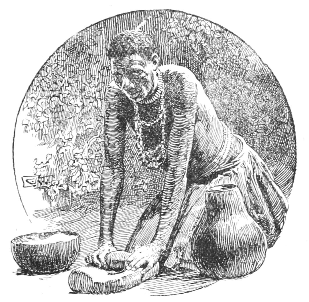 Woman crushing Grain on a Concave Stone with an Oval Stone Roller