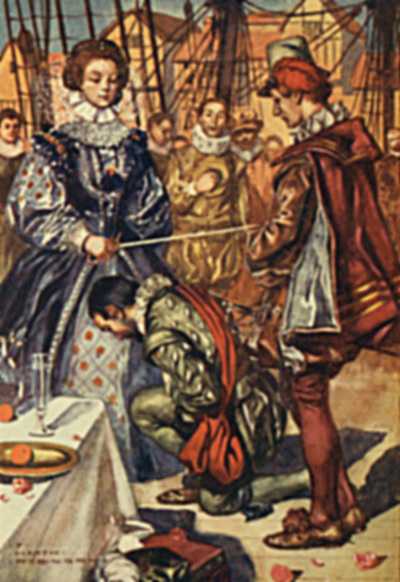 Queen Elizabeth knighting Drake on board the ‘Golden Hind’ at Deptford