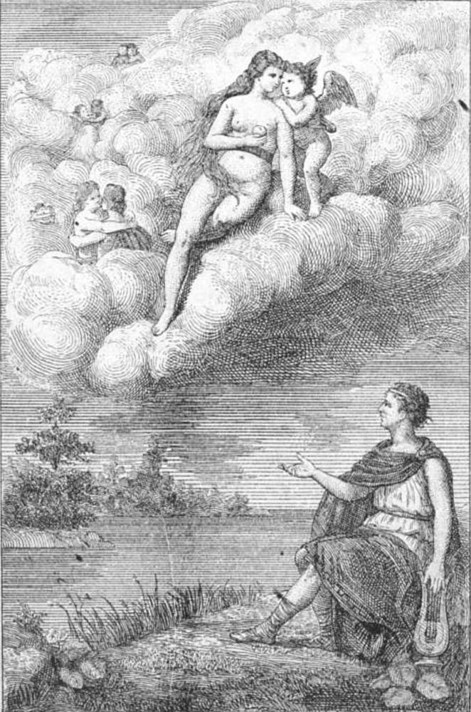 Man with a lyre by a river gesturing at angels in the clouds above