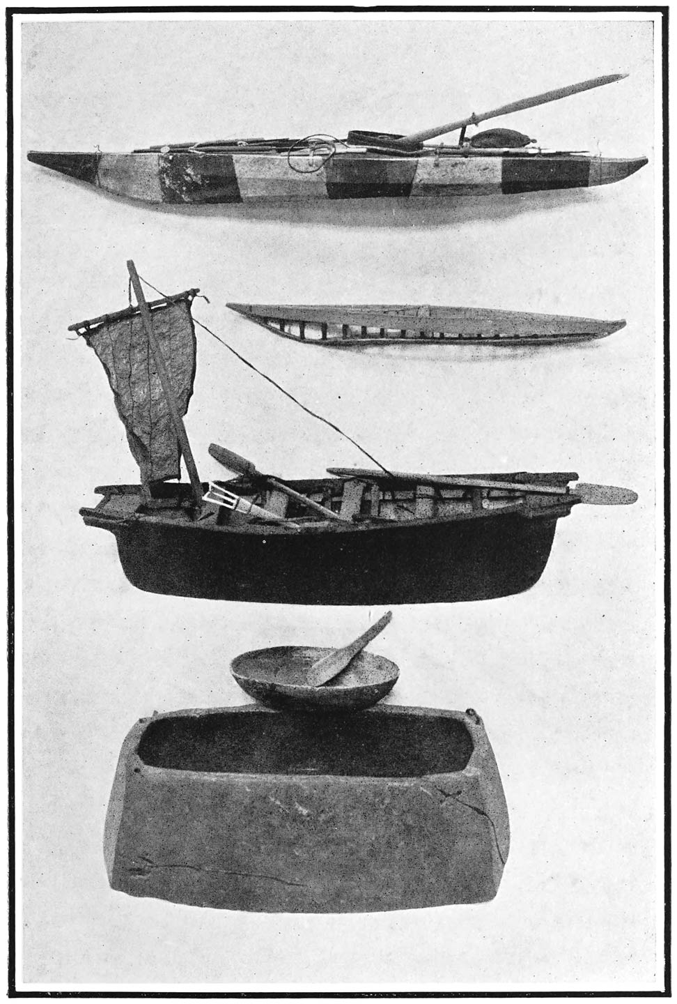 (1) A Kayak. Fully equipped for hunting. (2) The Light Framework of (1) over which skin is stitched. (3) Model of a Umiak. The sail is made of seal intestines. (4) An Okushuk. A cooking-pot with drinking-bowl, made of soapstone.