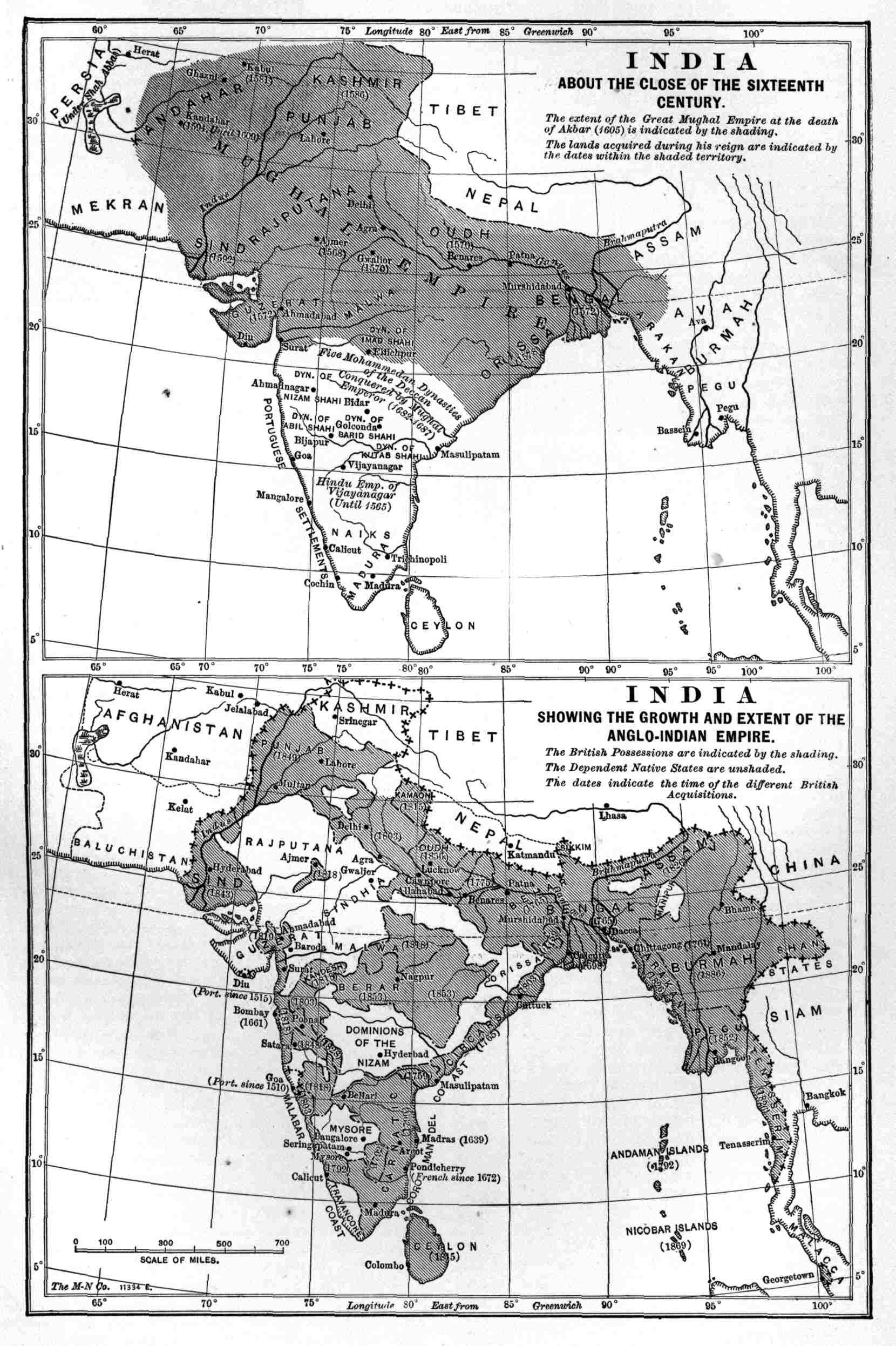 Map of India, about the close  of the Sixteenth Century, and map of the growth of the Anglo-Indian Empire.