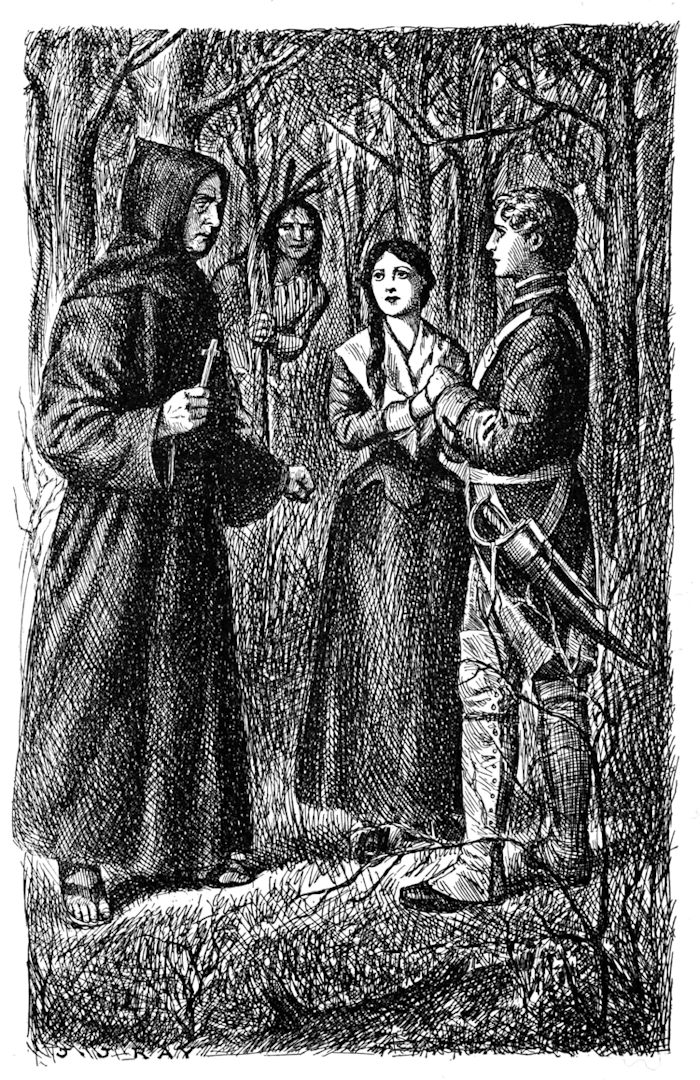 A priest by a man and woman with a native person looking on