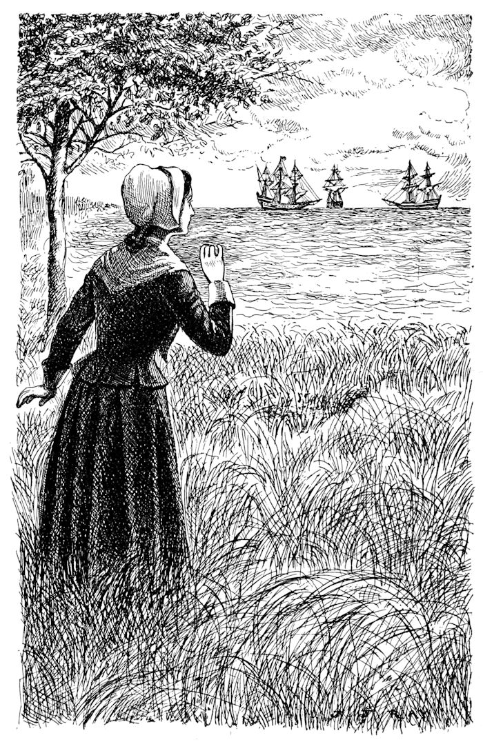 A woman by a tree looks at ships in an inlet
