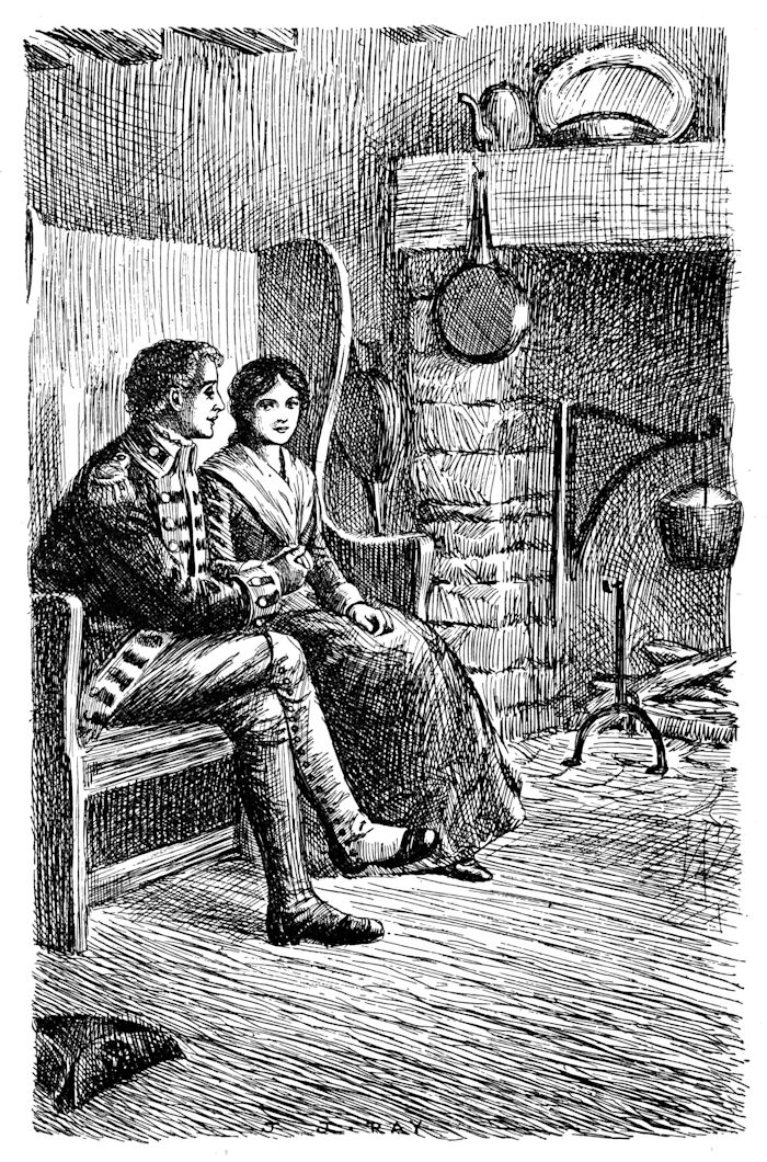 A man and a woman seated at a hearthside