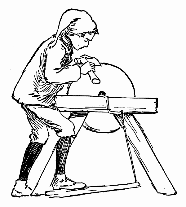 Illustration of Chinky sharpening his hatchet