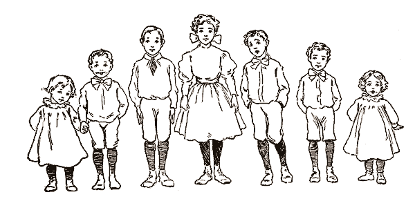Illustration of the seven Mulvaney children standing in a row