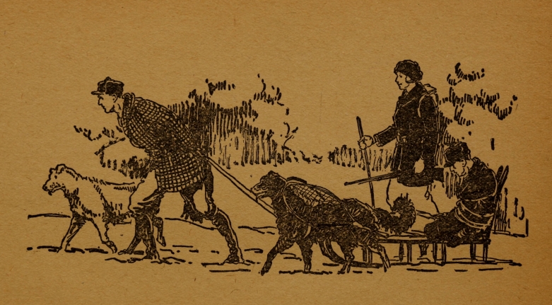 (Homer Steeves, Flora, Jim (on sled), with dogs)