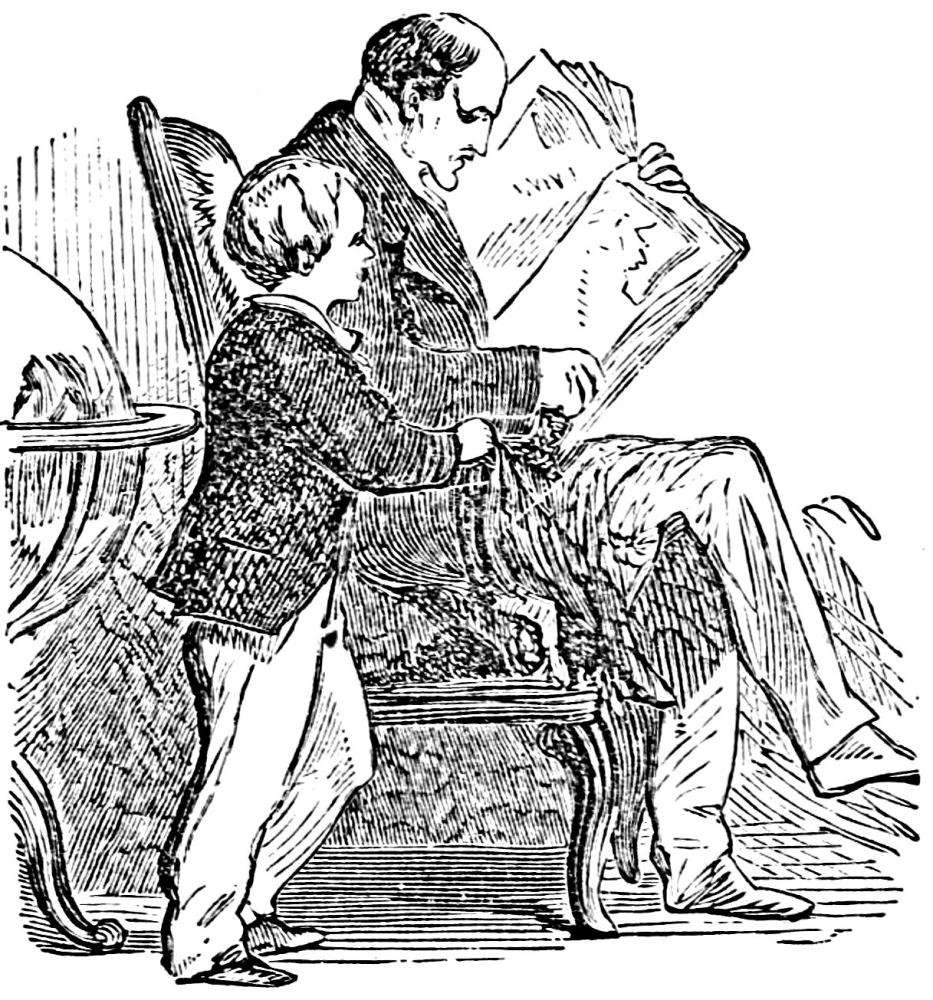 Man sitting reading newspaper with boy standing.