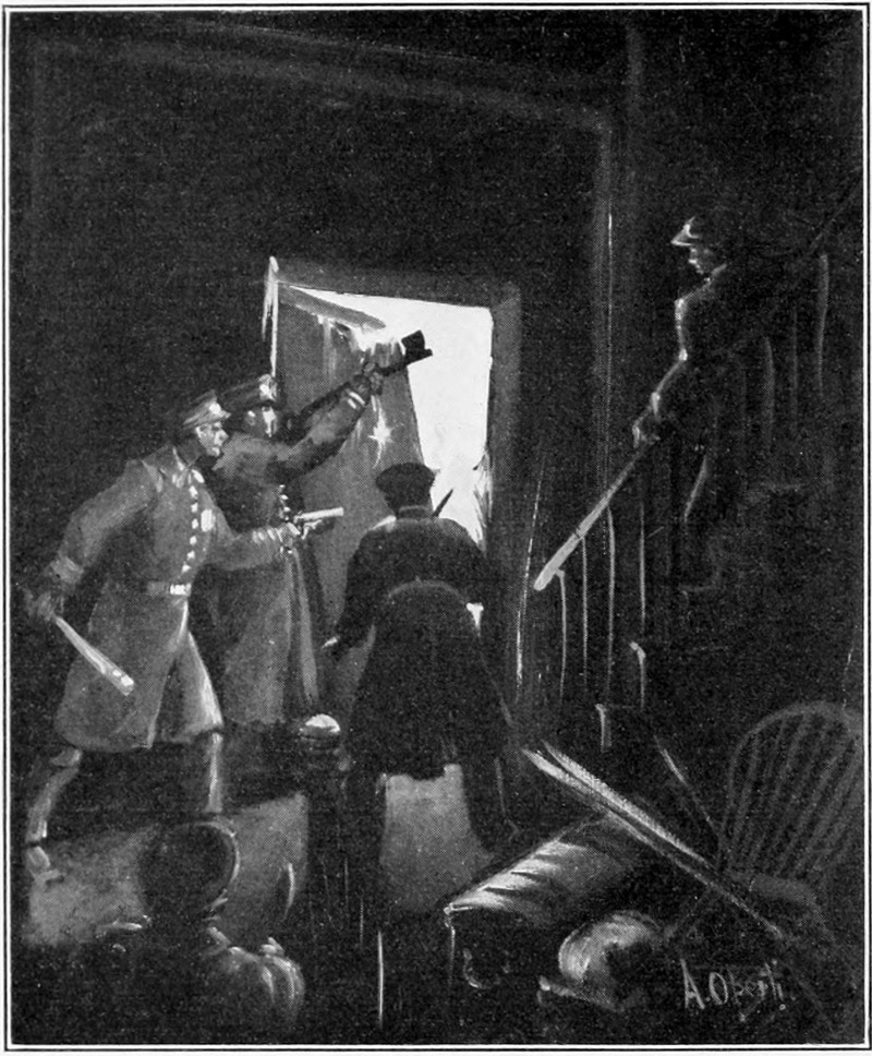 frontispiece some uniformed men with guns and batons enter a room from a dark corridor