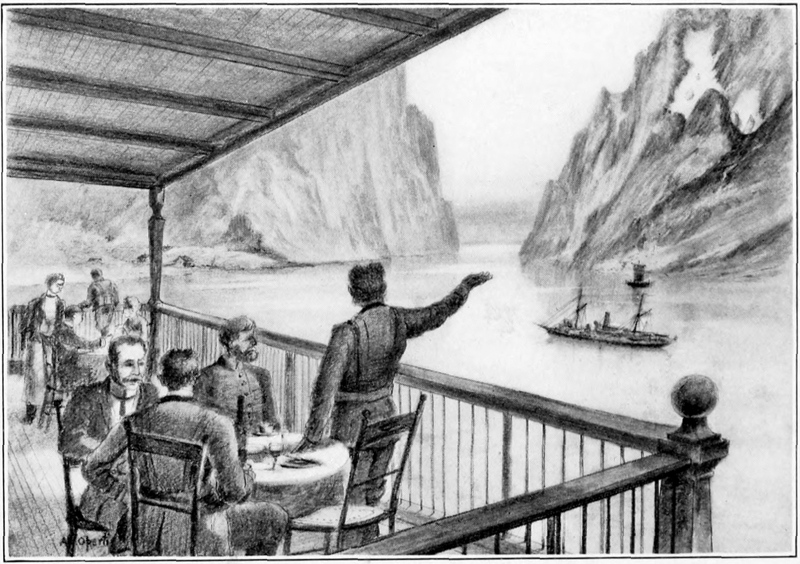 men, sitting on a veranda, watch a boat sailing on a fjord