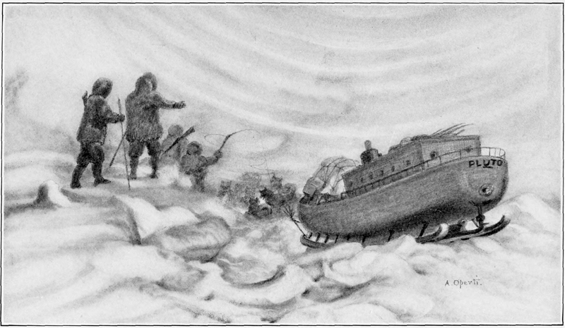 men in parkas hiking along a rough, snowy path, accompanied by a small boat on skis