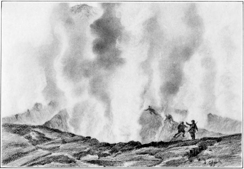 three men stand, looking into a volcano