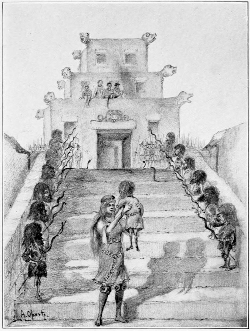 a woman, standing at the base of the steps up to a small castle, holds a baby. Small men with weapons stand on either side of the steps