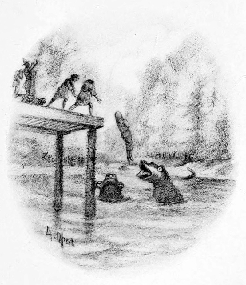two men throw a body into a river. Two bear-like creatures wait below
