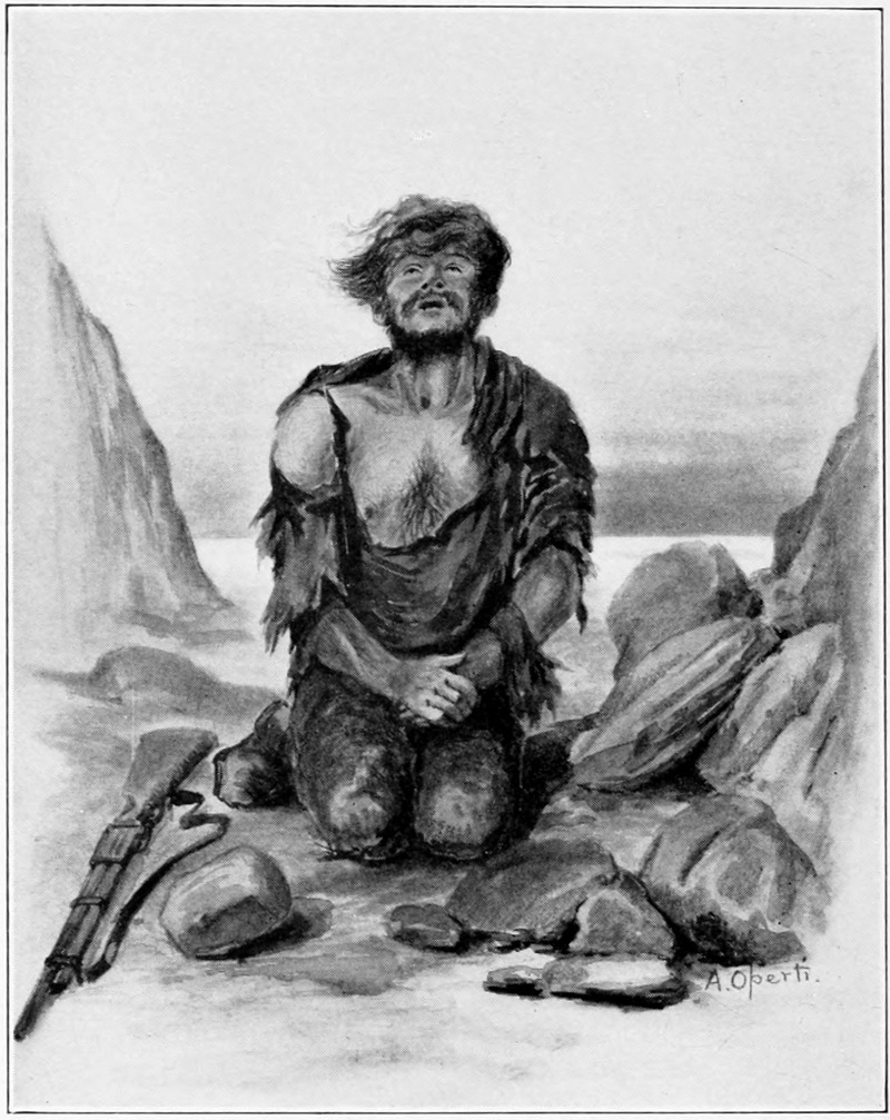 a man in torn clothes sits on the shore of some water. There is a gun at his side