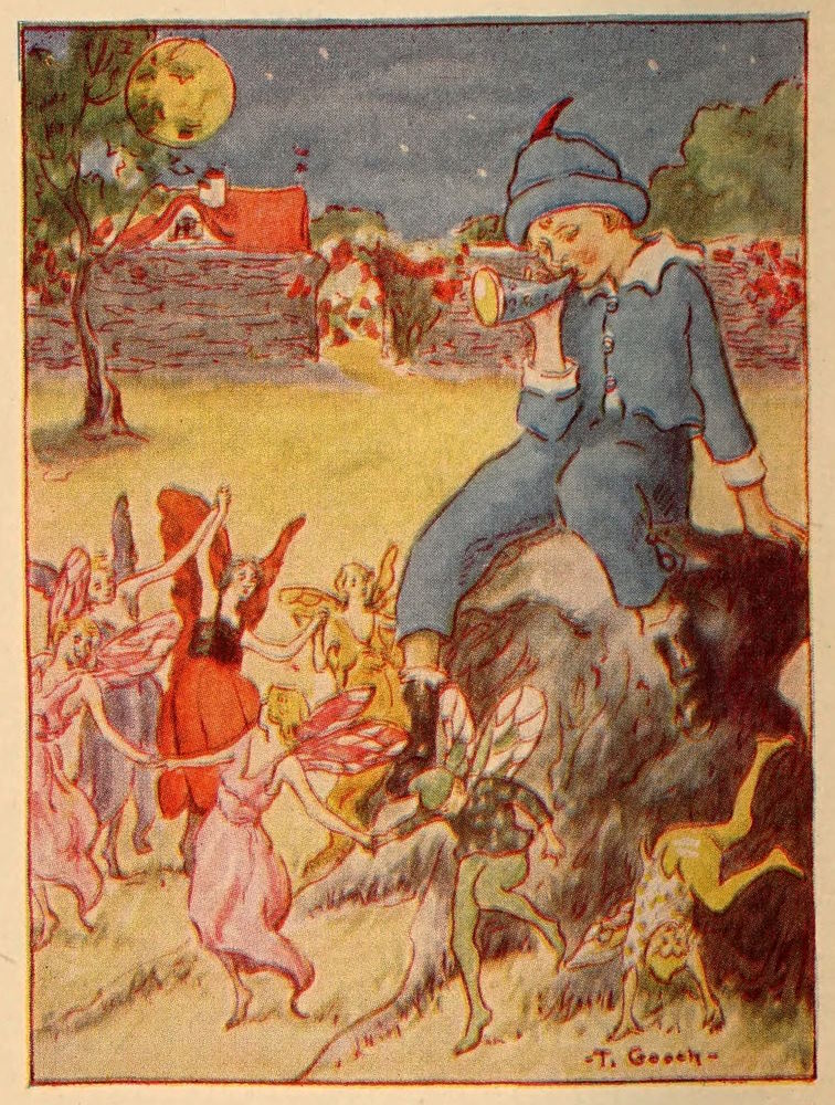 Boy playing horn to fairies