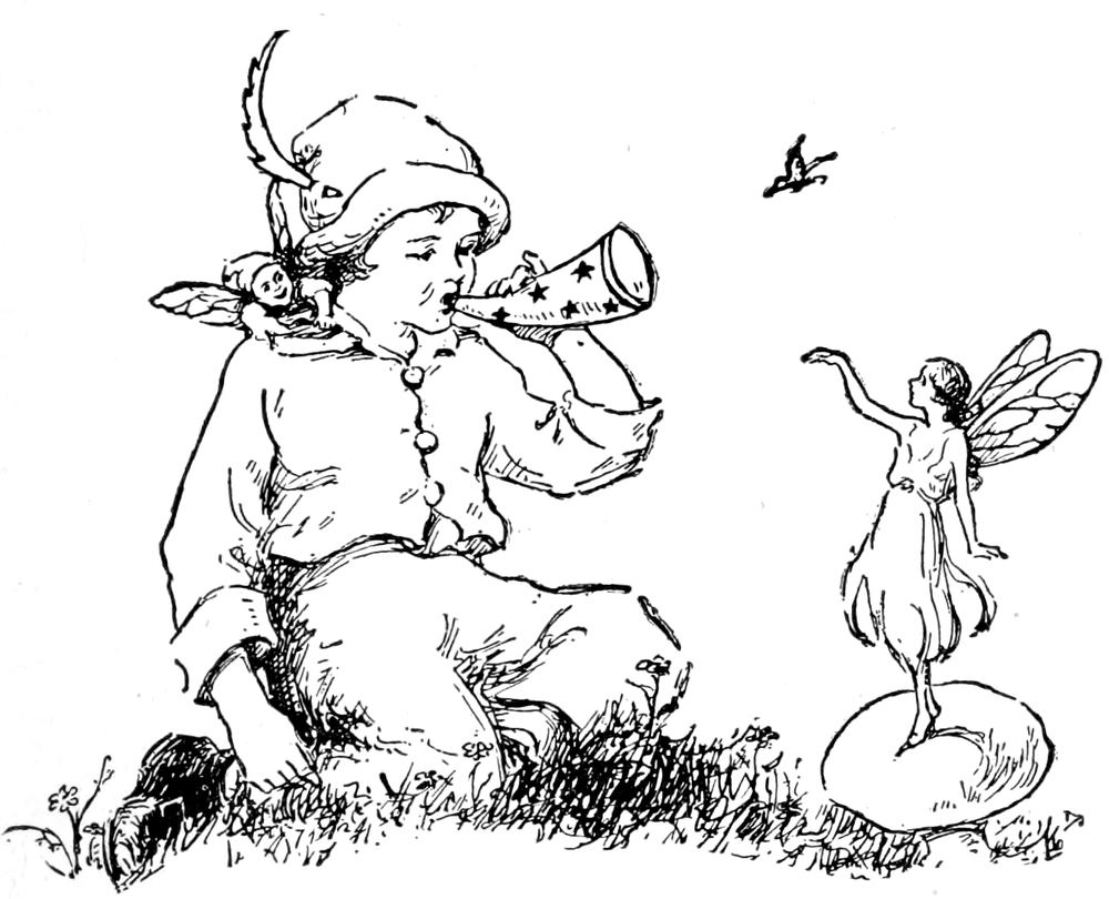 Boy blowing horn with fairy