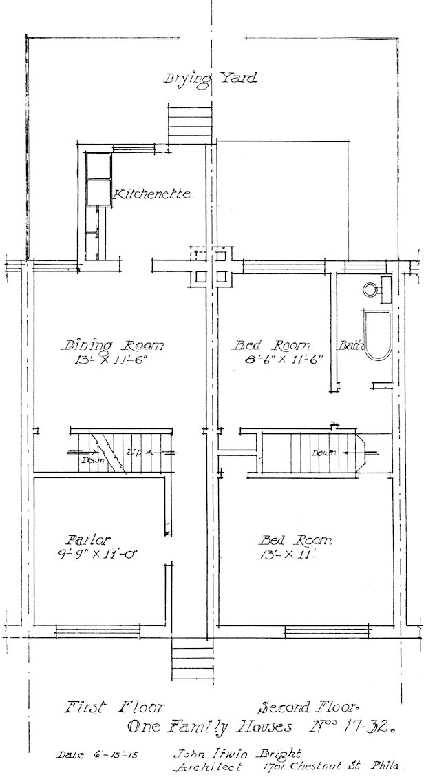 One Family Houses Nᵒˢ 17–32. Date 6–15–15 John Irwin Bright Architect 1701 Chestnut St Phila