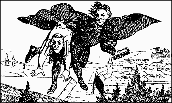 Illustration: The Devil carries Faustus into the air.