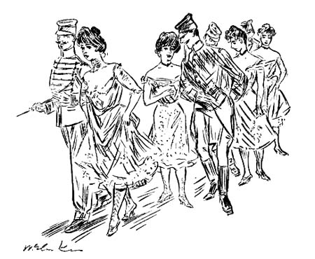 A flock of girls, each escorted by a young man, generally an officer