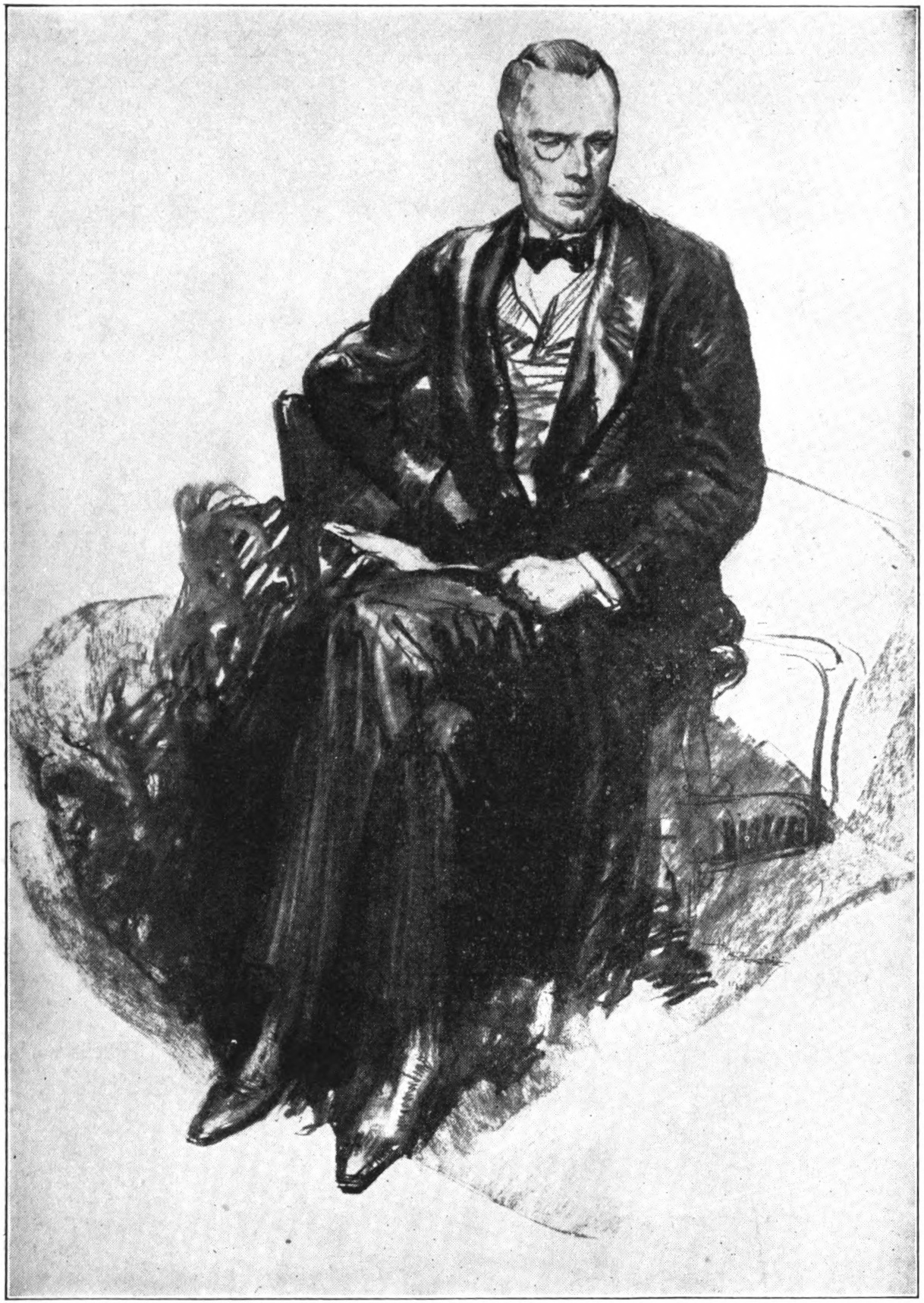 A sketch of a seated     gentleman in evening dress and wearing an monocle.