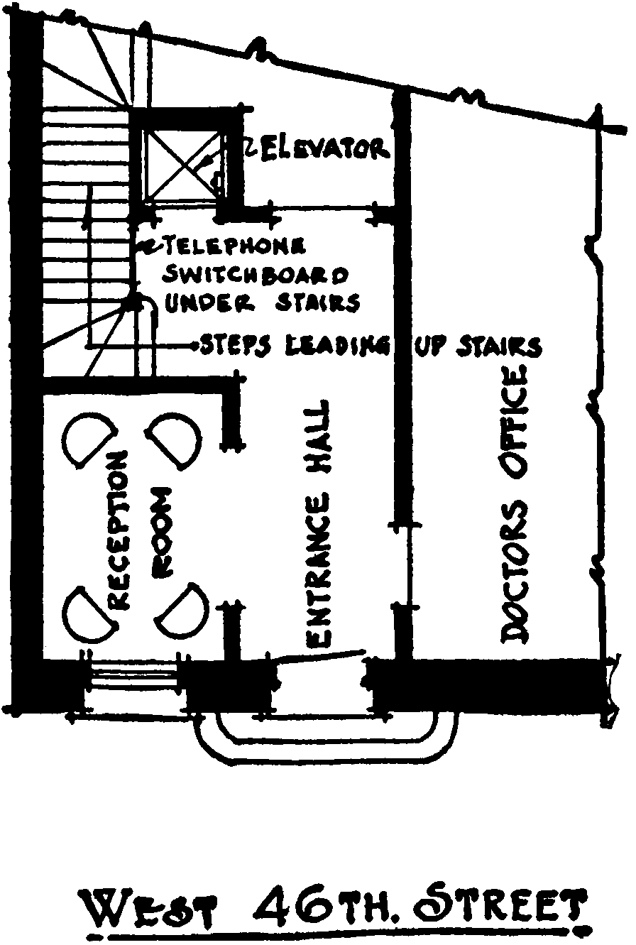 A plan of the ground floor of     an apartment building in West 46th Street. The entrance is on the     south side, and an entrance hall leads into a room with an     elevator. Stairs wind around an elevator shaft, and a small room     containing a telephone switchboard is next to the elevator doors,     underneath the stairs. To the left of the entrance hall is a     reception room.