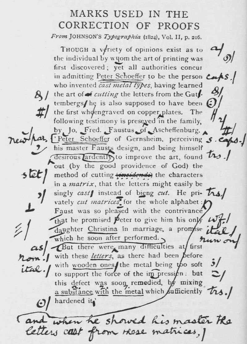 a page of text with numerous examples of handwritten proofing marks.